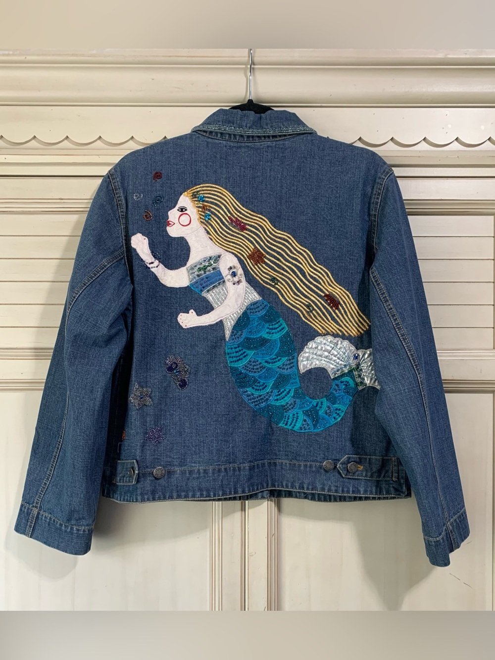 Chico's Denim Jacket with Blue Mermaid Appliqué and Gold Hair